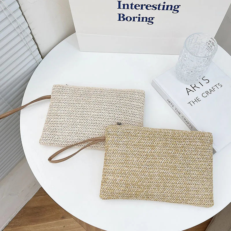 Wholesale Holiday Style Wheatgrass Cosmetics Bags for Women Handwoven Womens Cosmetic Bag Handbag Braided Bag