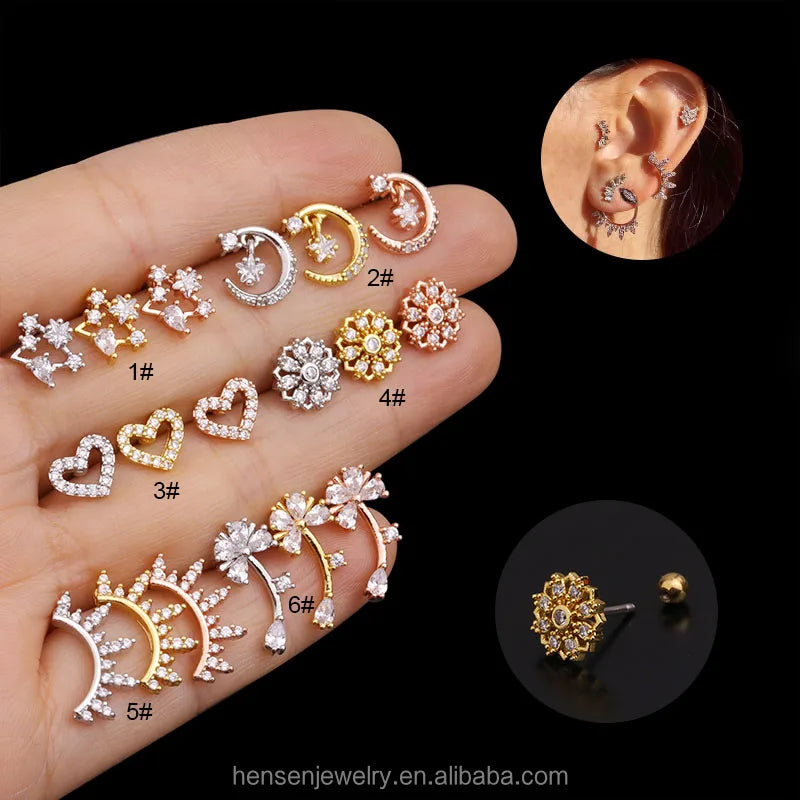 Gold Plated Bohemian Star Moon Shape CZ Earrings for Women Wedding Beach Jewelry Rook Daith Tragus Ear Piercings