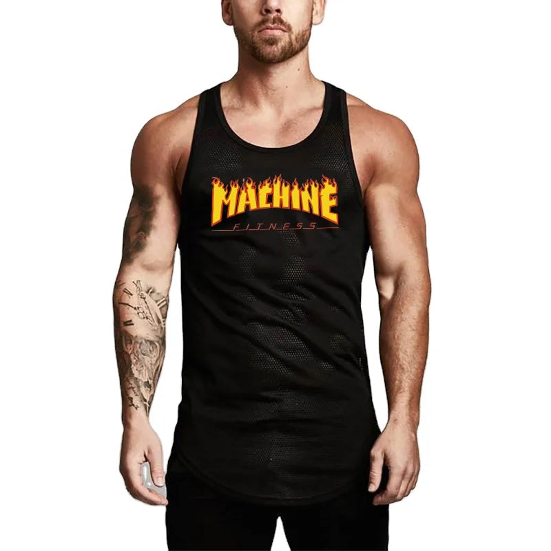 Men's Summer Gyms Fitness Tank Top Mesh Sportswear Jogger  Casual Singlets Printing Running Vest Men Clothing Tops