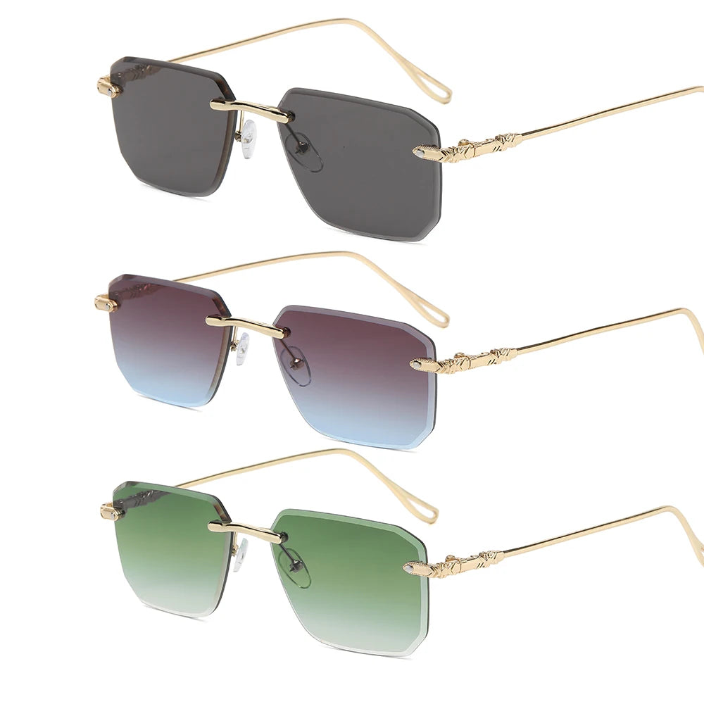 Men's Rectangle Sunglasses Vintage Gold Purple Clear Square Rimless PC Frame with Printed Logo Fashionable Sun Glasses