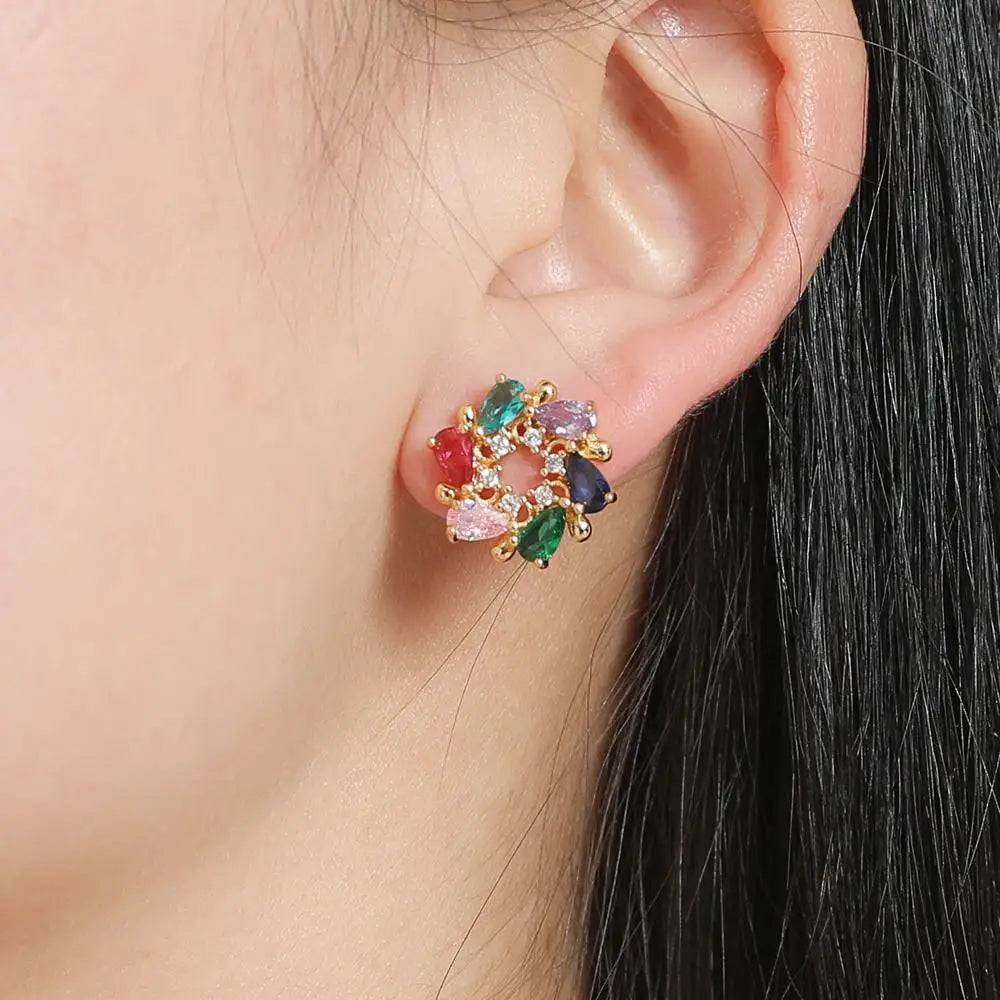Women's Stainless Steel Rose Gold Brass Stud Earrings Fine Rainbow Color Flower Design with Colorful Zircon Fashionable Studs
