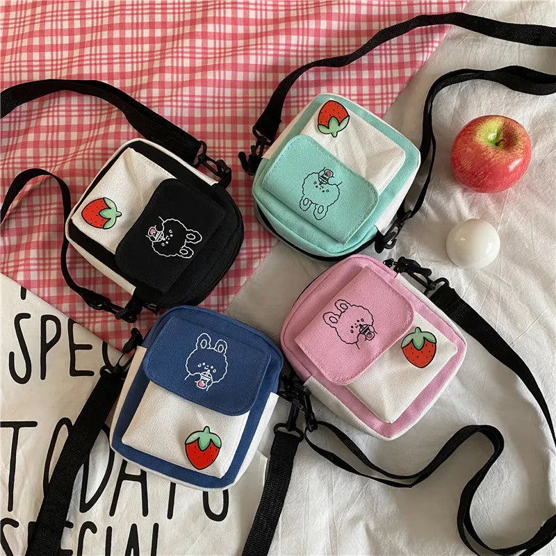 New Cute One Shoulder Canvas Small Bag Girl Mobile Phone Change Printing Rabbit Bags
