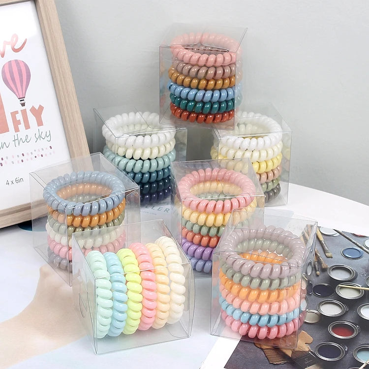 6 Pcs/Box Transparent Spiral Telephone Wire Elastic Hair Bands for Women Girls Rapid Sample Telefon Wire Scrunchie Hair Ties