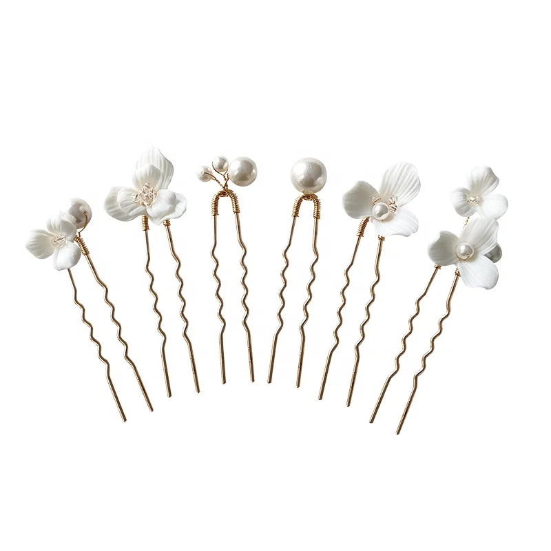Lovely Cute Ceramic Flower Shell Pearl Floral Hair Pin and Earring Set Accessories Bridal Hair Jewelry  for Wedding Women Girls