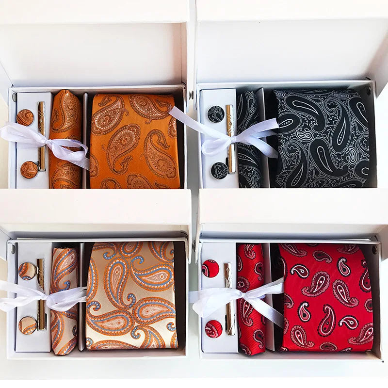 Luxury Men's Polyester Tie Set with Pocket Square Cufflinks Customizable Paisley Necktie Clip Pin for Wedding or Business Suit