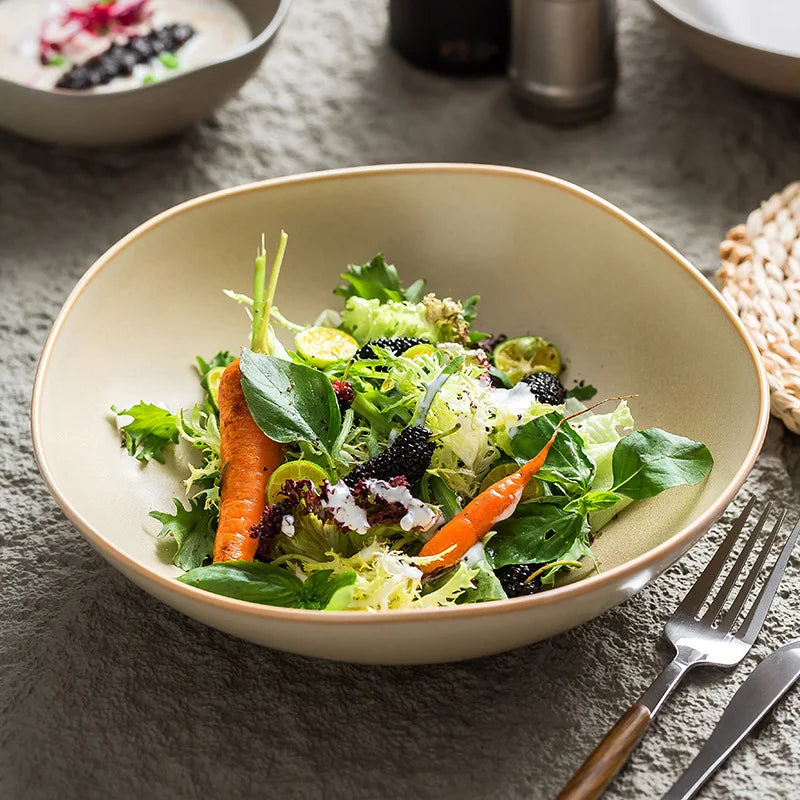 Elegant Reactive Glaze Irregular Ceramic Salad Bowl Artistic Porcelain Fruit Dish for Luxury Hotel and Restaurant Serving