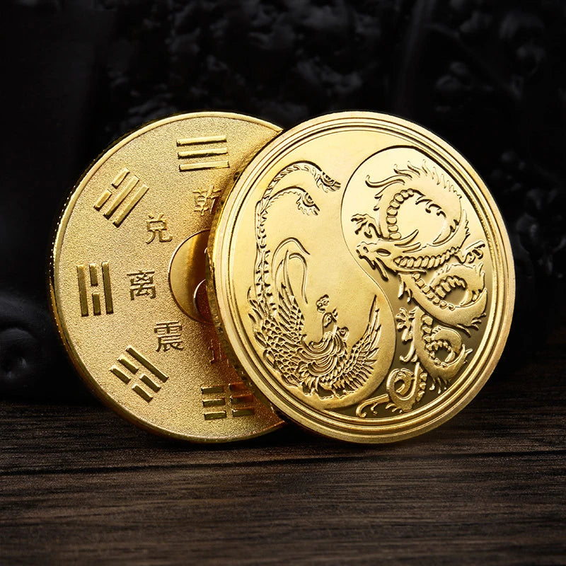 China Made Metal Coin Dragon and Phoenix Tai Chi Silver Gold Plated Coins