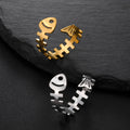 Stainless Steel Ocean Fish Bone Ring Gold Plated Hollow Fish Bone Adjustable Ring Jewelry Gifts for Women Men