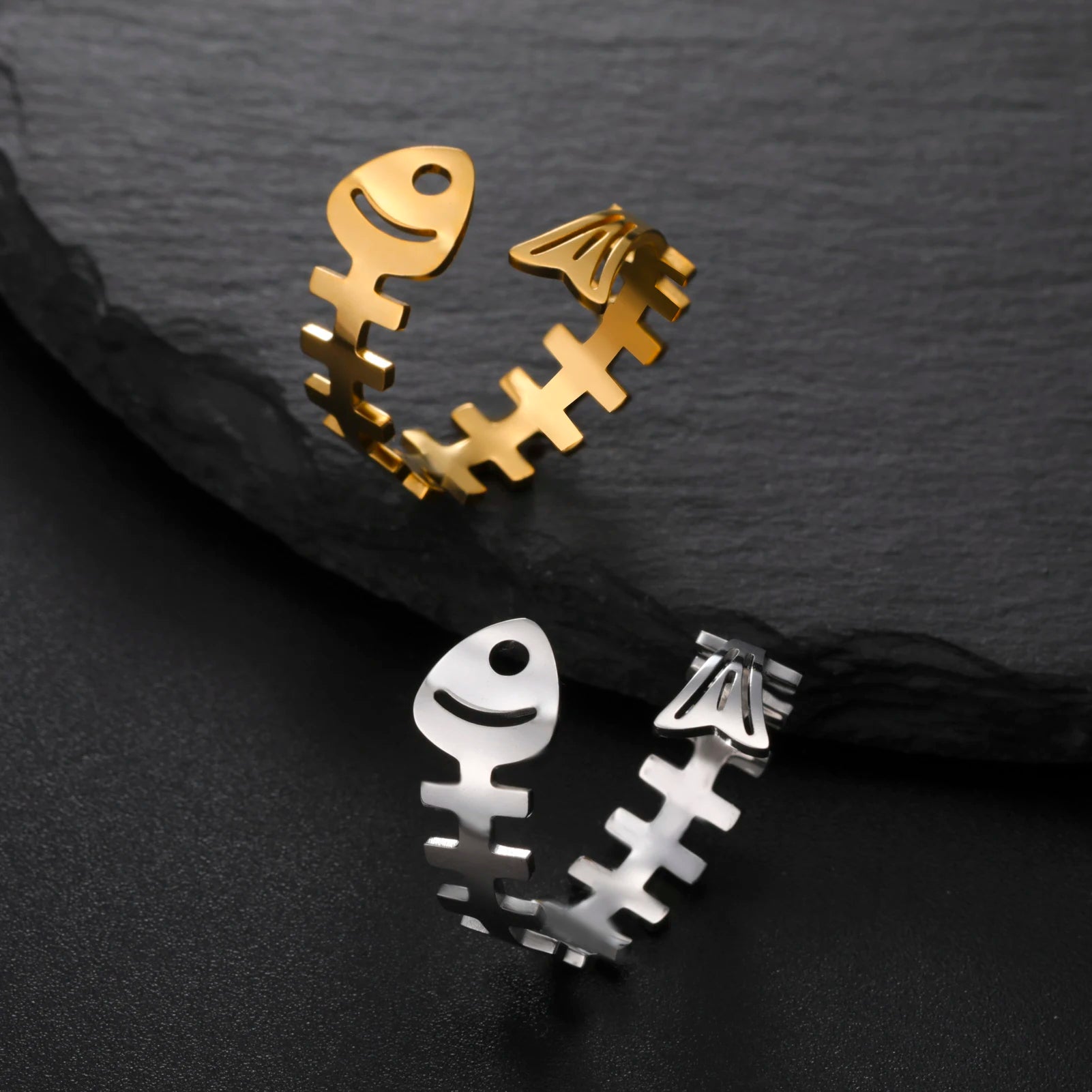 Stainless Steel Ocean Fish Bone Ring Gold Plated Hollow Fish Bone Adjustable Ring Jewelry Gifts for Women Men