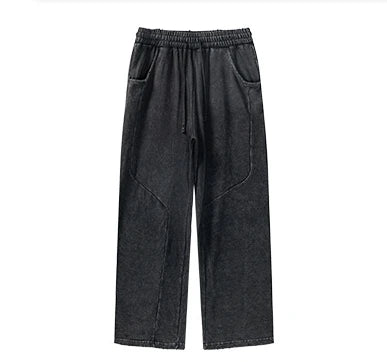 Men's Casual Retro Washed Straight Sports Pants 100% Cotton Mid-Waist Wide Leg Pants With Drawstring Vintage