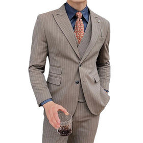 Costume ODM Striped Business Men's Tuxedo Suits Single Breasted Worsted Fabric Anti-Wrinkle Waterproof Notched Collar 3-Piece