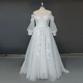 Real Photos Puffy Sleeve O-Neck Sweep Train Applique Lace A-Line Wedding Dress Woman Tulle Bridal Gown for Wedding Dress