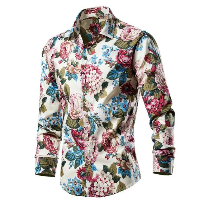Men's Casual Fashionable Long Sleeved Shirts Floral Print Shirt Beach Style Oversized Shirts
