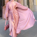 Loriya Islamic Clothing Womens Dresses 2 Piece Abaya Set Dubai Abaya Satin Fabric Open Abaya and Inner Dress Attached Mid-Wrap