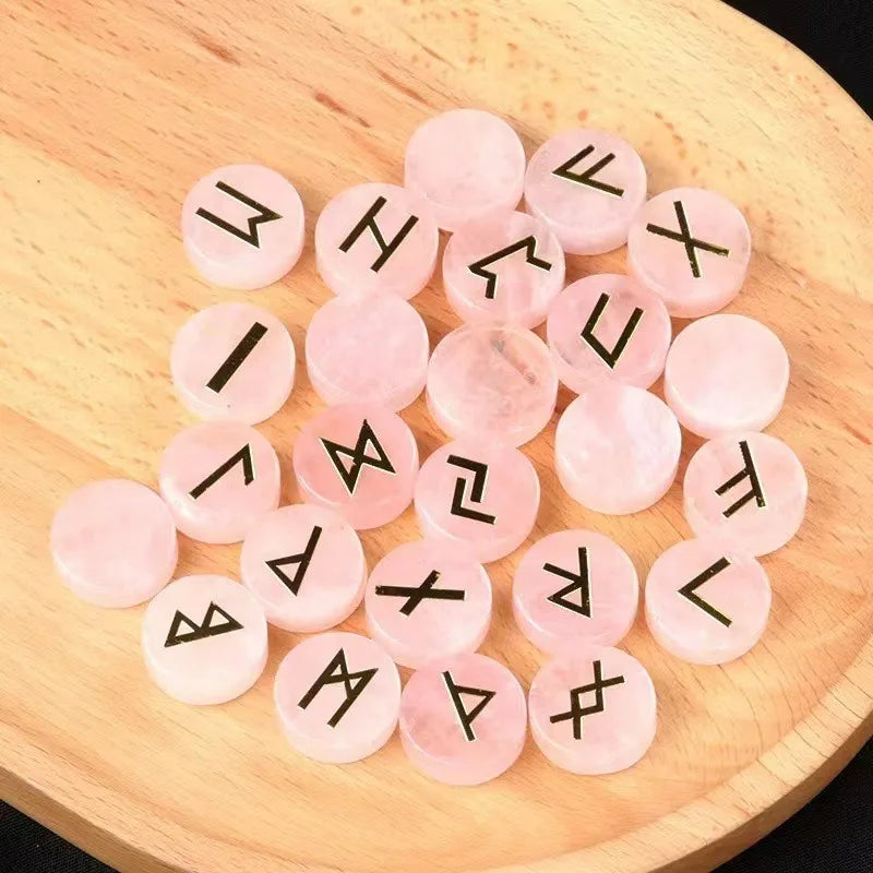 Nordic Germanic Reiki Healing Natural Crystal Agate Jade Stone Rose Quartz Gemstone Runes Letter Round Disc Set for Gift Decor