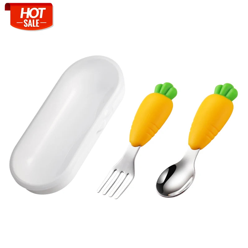 SUS304 Stainless Steel Cute Carrot Baby Feeding Spoon and Fork Cutlery Set Kid Toddler