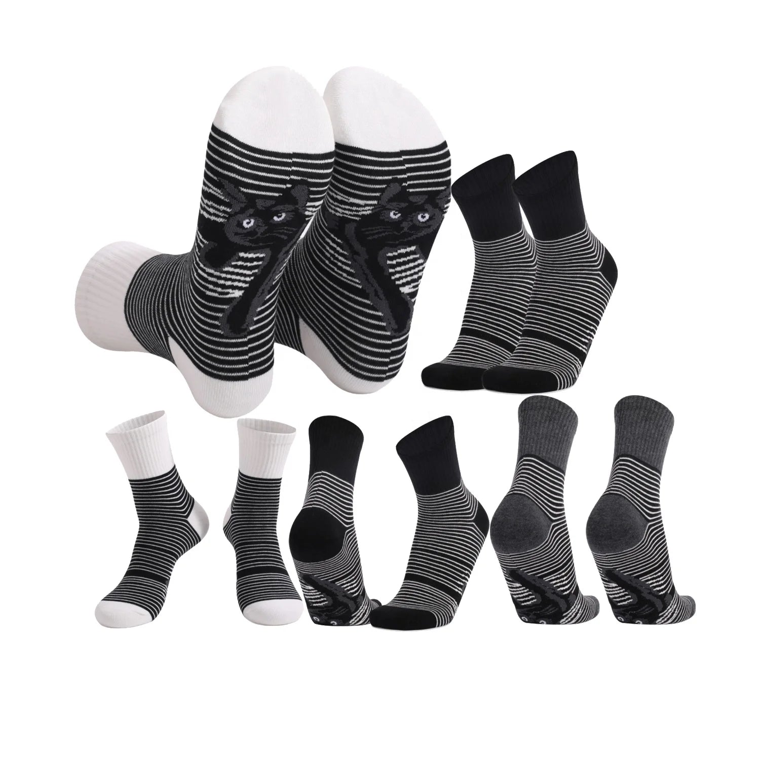 Wholesale Funny Black and White Striped Socks With Cute Cats Casual Novelty Cotton Crew Socks for Men and Women