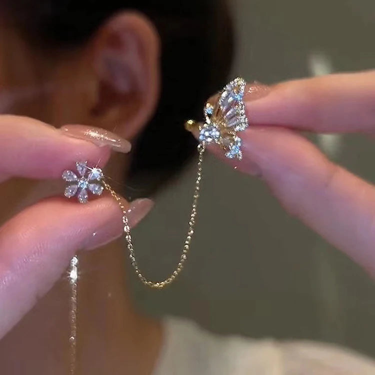 Fashion Temperament Butterfly Ear Line Earrings Design Sense Light Luxury Tassel Earrings Flower Integrated Ear Line for Women