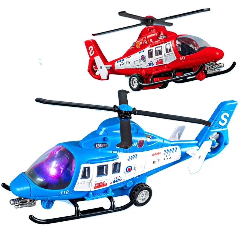 Diecast Model Toy Helicopter with Rotating Propeller Transport Airplane Rescue Plane Toy Lighting Music for Kids Friction Toys