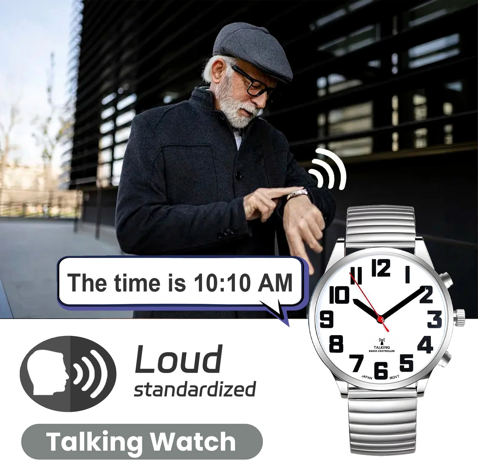 Mens Golden Talking Wrist Watch With Large Numbers and Expandable Strap for Visually Impaired Blind or Elder People