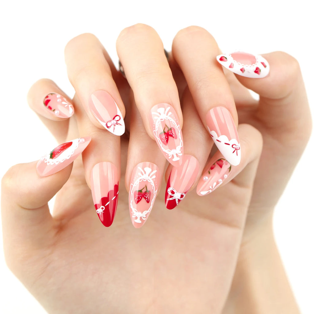 Dropshipping 24 Pcs 3740 Sweet Strawberry Pink French Pearl Bow Short Almond Nails Press on Nails Artificial Fingernails