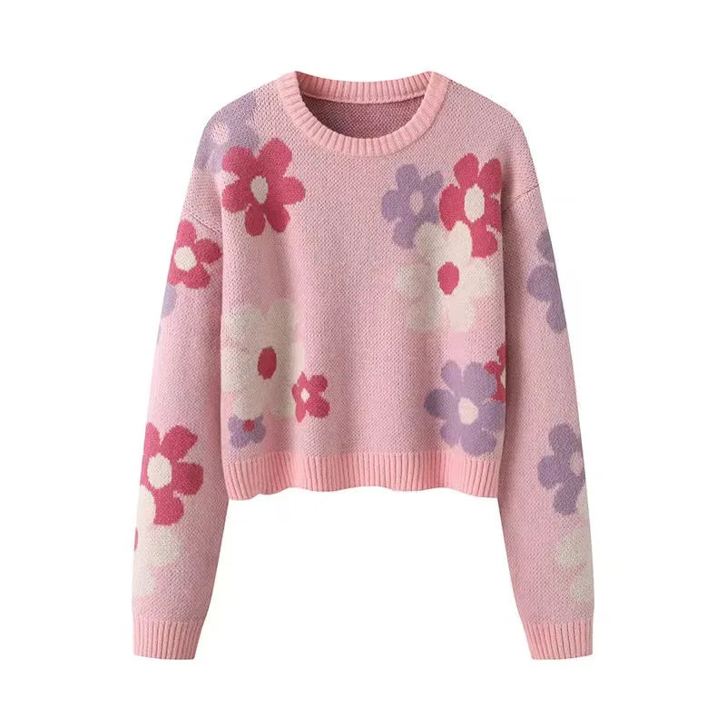 Women Sweet Style Round Neck Long Sleeve Pullover Knitted Jacquard Sweater