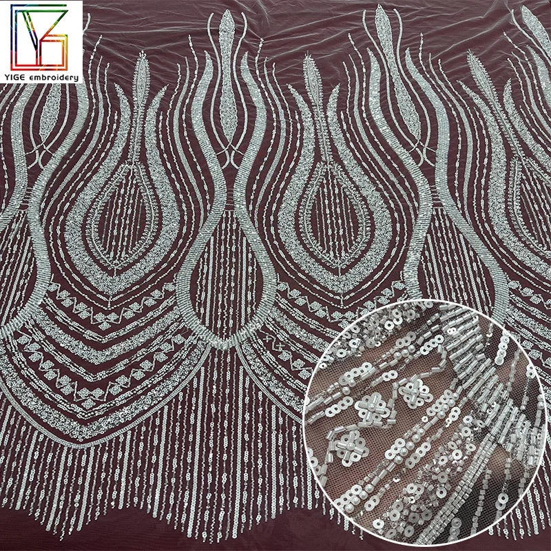 New Design Luxury Bridal Beaded Sequin Mesh Lace Fabric High Density Pearls Beads White Women Wedding Dresses Tulle Lace Fabric