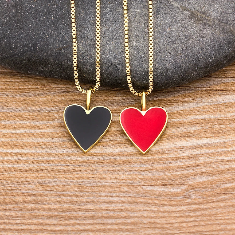 QIKU Fashion Tiny Red Black Heart Dainty Necklace Gold Plated Women Chain Choker Enameled Pendant Jewelry Accessories Girl Gift