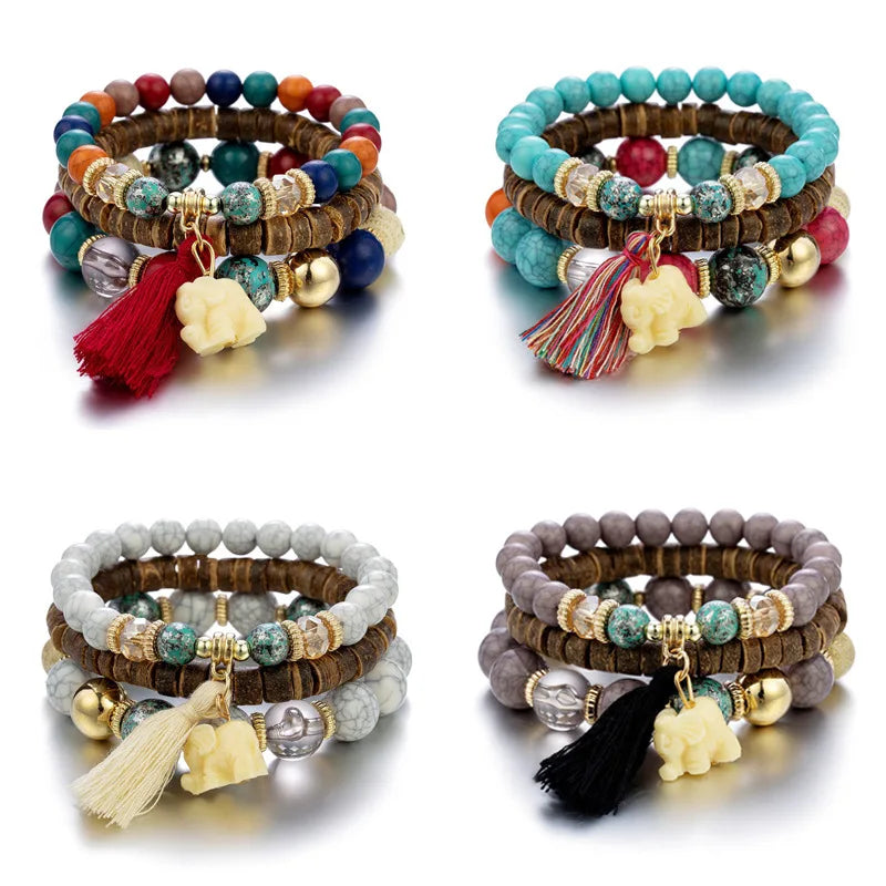 2023 Multi Layer Agate Crystal Bead Crown Shape Bracelet Set with Tassel Charms for Women-Wedding Gift