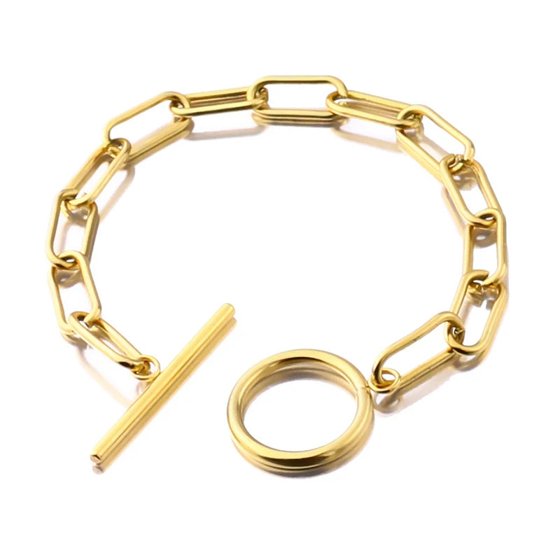 Waterproof Gold Paper Clip Bracelet for Women Girls Fashion 18K Gold Plated Stainless Steel OT Clasp Paperclip Chain Bracelet