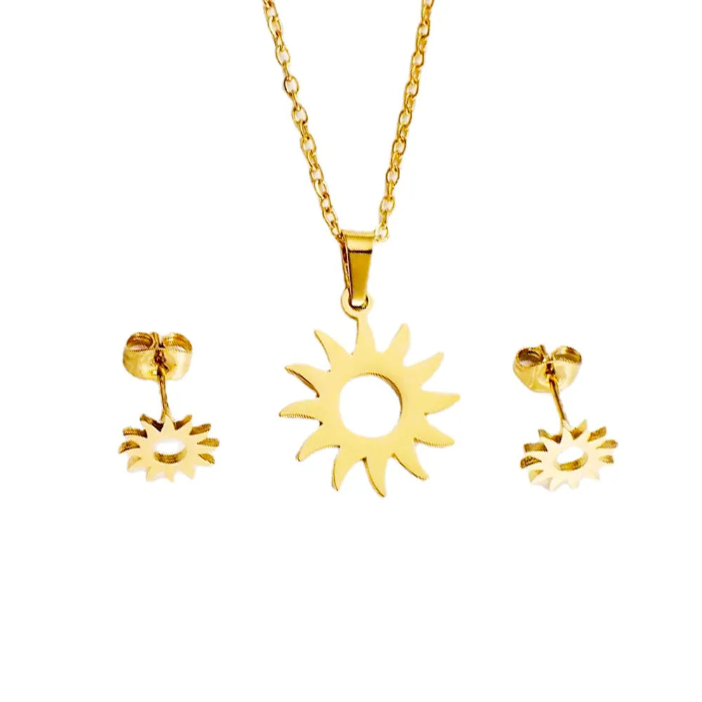 Wholesale Boho Stainless Steel 18k Gold Plated the Sun Pendant Necklace Earring Set Jewelry Supplier