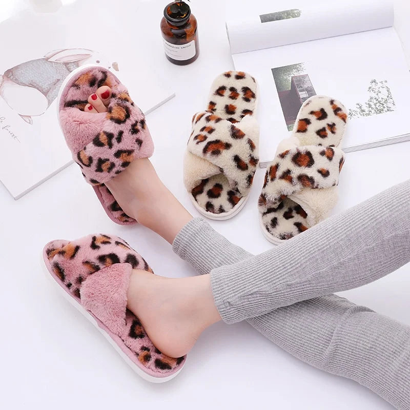 Women's Fuzzy Fur Plush Leopard Open Toe Cross Upper Anti-Slip Winter Spring Autumn Home Indoor Slipper