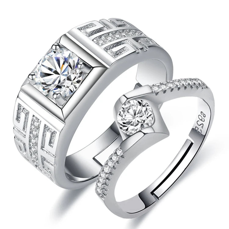 Fashion Korea Style 925 Silver Plated Zircon Crystal Engagement Wedding Lovers Couple Rings Set for Women Men