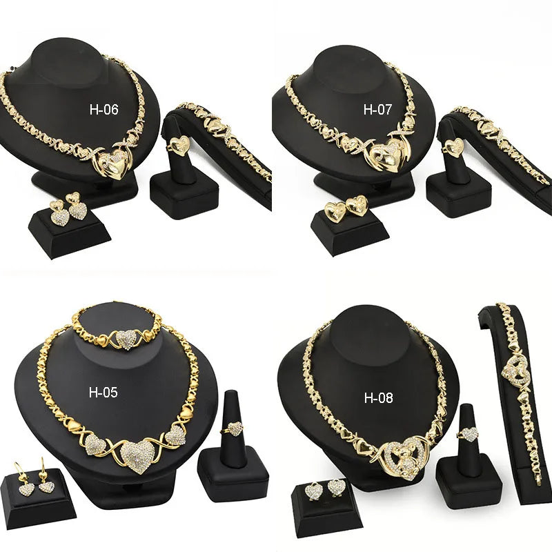 New Arrival Real 24K Gold Plated Dubai Jewelry Set Wedding Bride Statement Diamond Heart Charm Fashion Jewelry Set for Women