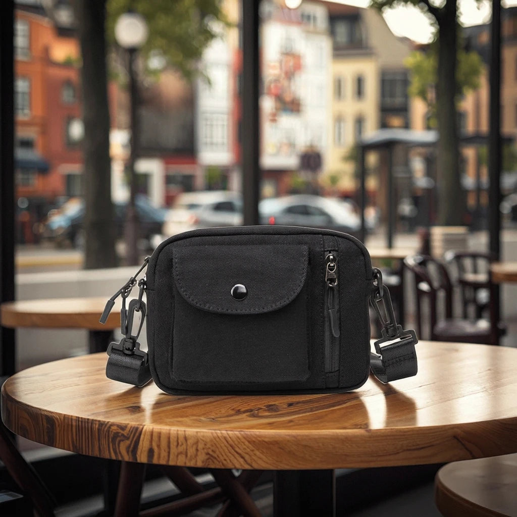 RTS Stock Good Quality Durable Fashion Small Canvas Moto Biker Style Side Sling Satchel Men Black Long Crossbody Shoulder Bag