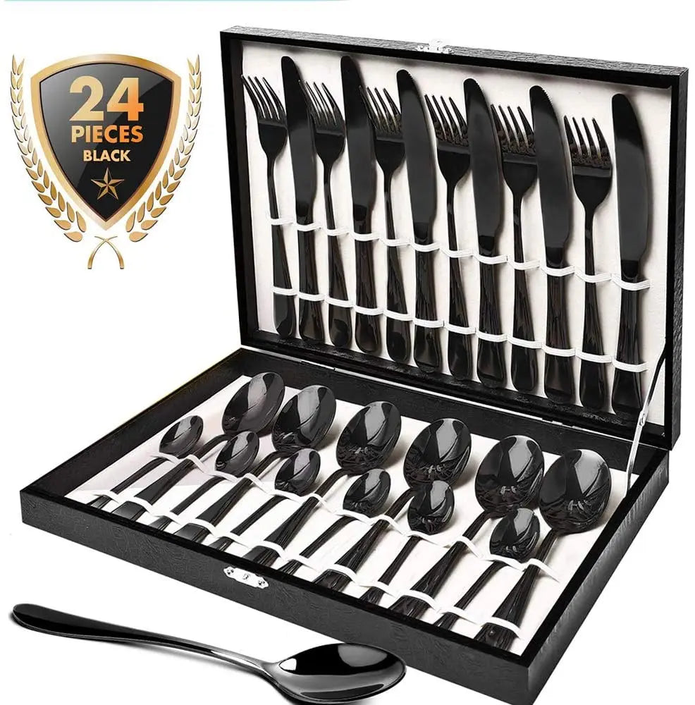 Black Cutlery Sets 24-Piece Stainless Steel Flatware Set Luxury Wedding Knife Fork Spoon Set MegaBDM