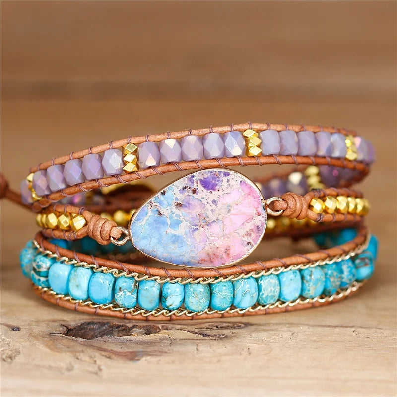 Teardrop Stone Purple and Blue Natural Stone Bead Wrap Bracelet High End 3 Wraps Leather Bead Bracelet Art Jewelry Dropshipping
