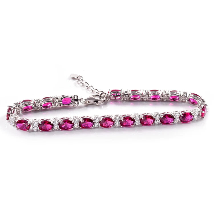New Style Trendy 925 Silver 18K White Gold Plated Bracelets 5x7mm Oval Cut Lab Grown Ruby Tennis Bracelet & Bangles