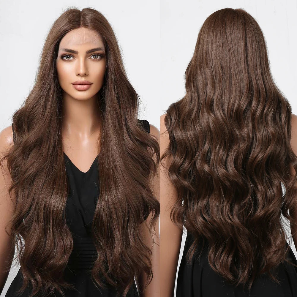 Factory Fast Delivery Dark Brown Chocolate Synthetic Lace Wigs Super Long Body Wave Hair Lace Front Wigs for Black Women