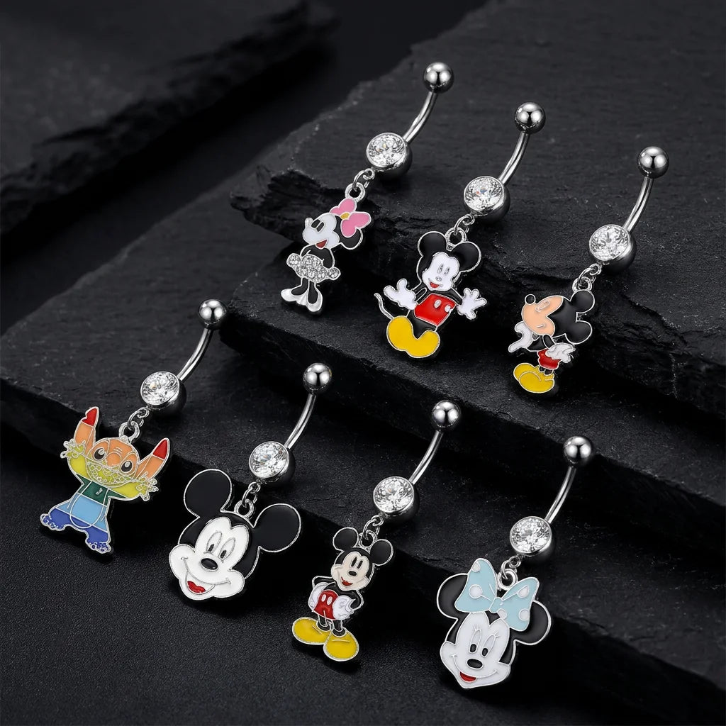 CRYSPURE Cute Cartoon Belly Button Ring Stainless Steel Enamel Dangle Navel Body Piercing Jewelry for Women Party Summer Beach