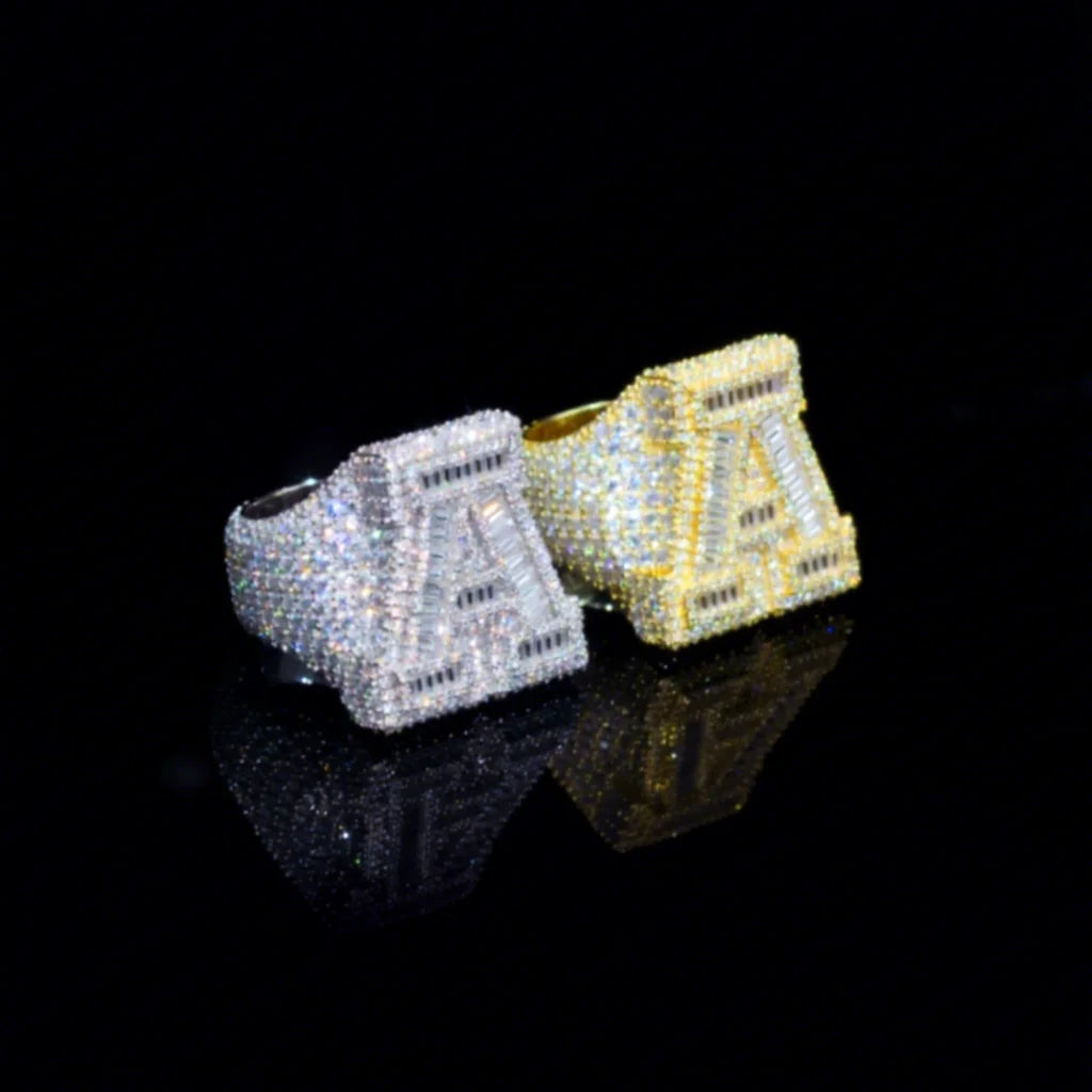 Hot Selling Vvs Moissanite Hip Hop Initial Ring Iced Out Baguette Cut Moissanite Gold Plated 925 Silver Fine Jewelry Rings