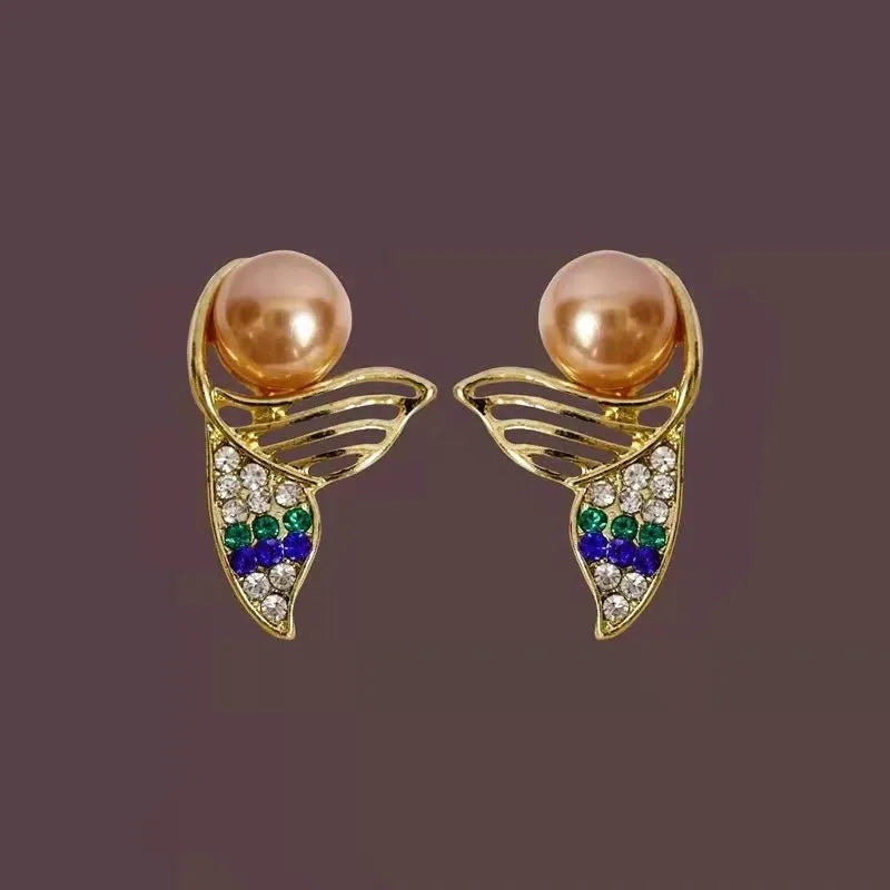 AA00968 Beautiful Mermaid Zircon S925 Silver Needle Earrings Pearl Temperament Female Jewelry