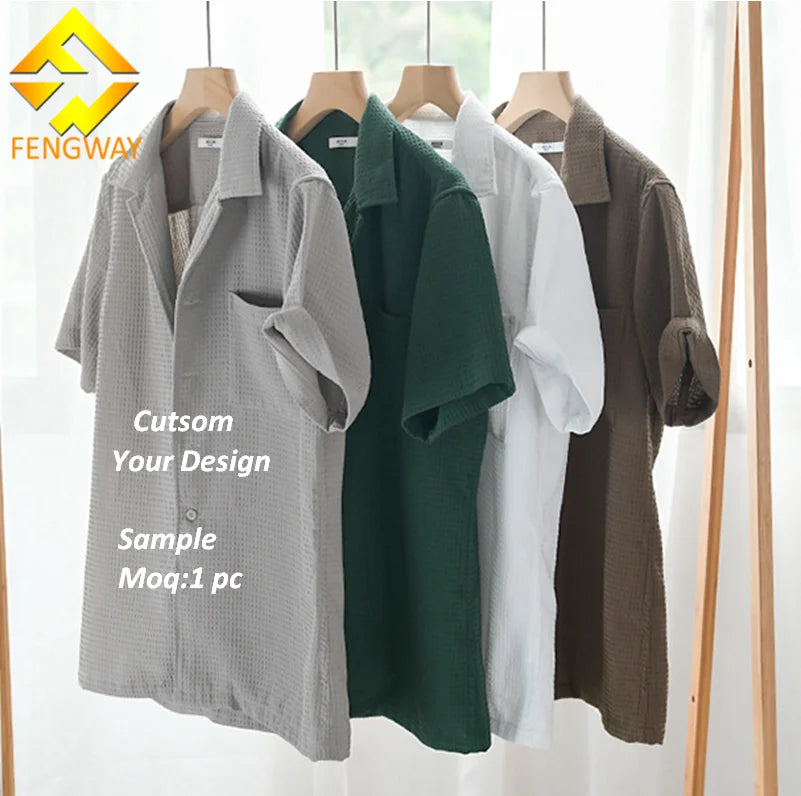 Fengway Custom Summer Fashion Casual Men's Shirt Turndown Collar Button Cardigan Waffle Short Sleeve Shirt
