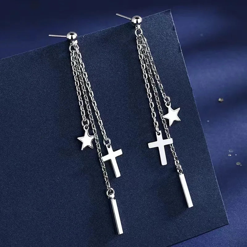 DAIHE  Hot Trend Personality Stainless Steel Cross Earring Chain Jewelry Earrings for Men Women