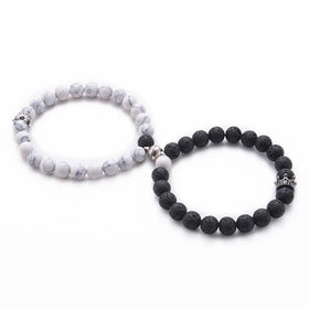 Handmade Connecting Distance Beaded King Queen Crown Stone Wrist Jewelry Women Men Black Matte Agate Magnetic Couple Bracelet