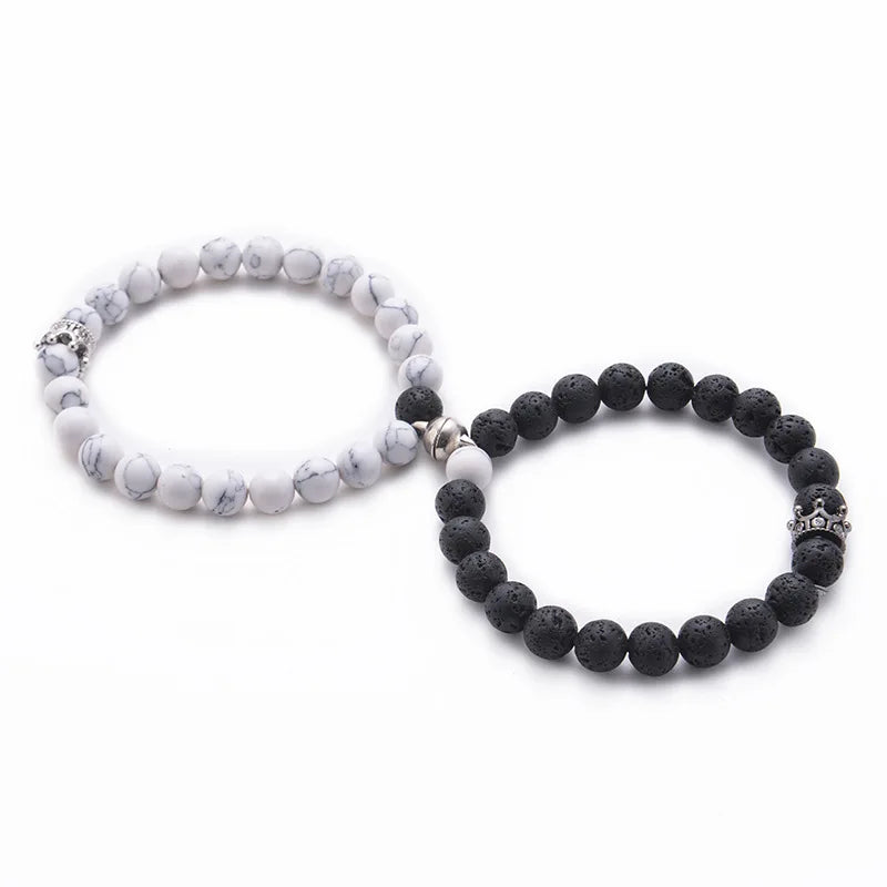 Handmade Connecting Distance Beaded King Queen Crown Stone Wrist Jewelry Women Men Black Matte Agate Magnetic Couple Bracelet