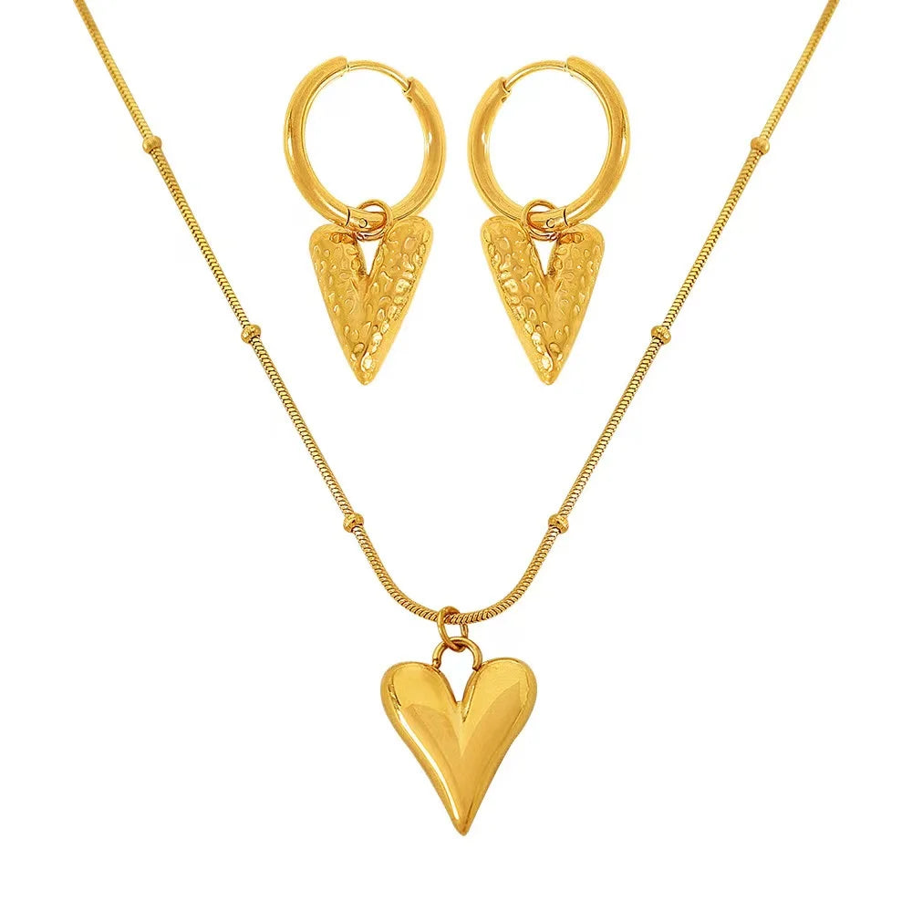 New Women Stainless Steel Heart Shape Earrings Choker Necklace Jewelry Set Trendy 18K Gold Rust Jewelry Accessories Gift Women