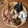 Europe America Vintage Scrunchie Girls' Fashionable Elastic Hair Band PU Leather Cloth with Feather Solid Color Sweet Style