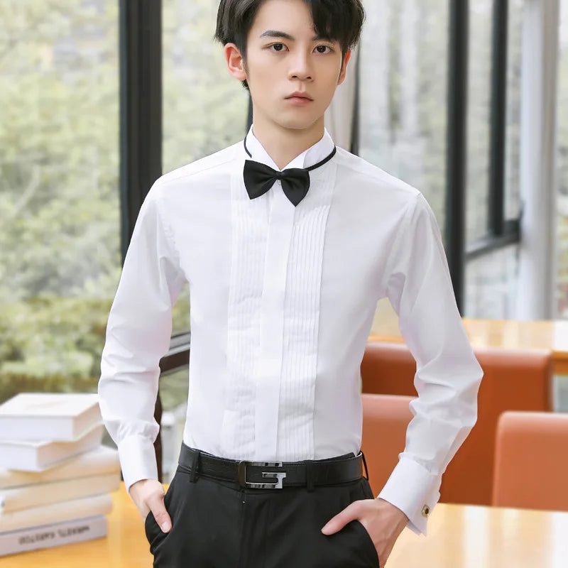 Classic Winged Collar Dress Shirt Men's Wingtip Tuxedo Formal Shirts With Red Black Bow Tie Party Dinner Wedding Tops
