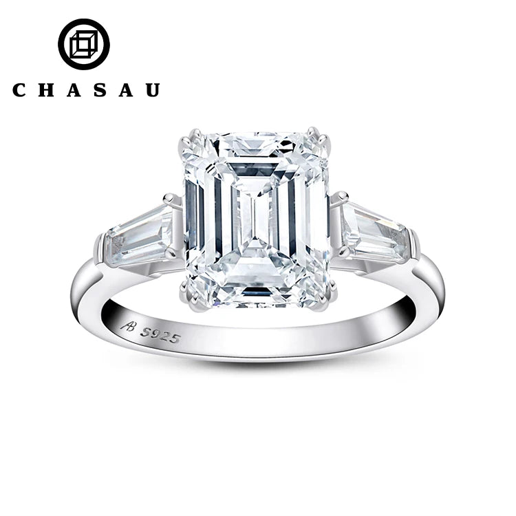 Classic 3-Stone Type 925 Sterling Silver Engagement 10mm 3 Carat CZ Cubic Zircon Ring Emerald Cut Wedding Rings for Women
